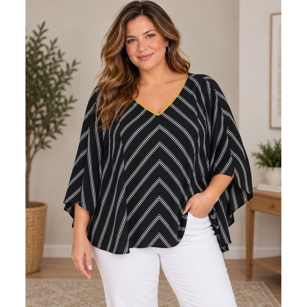 Susan Graver Poncho Top Womens 2X Black White Chevron Stripe V-Neck Dolman